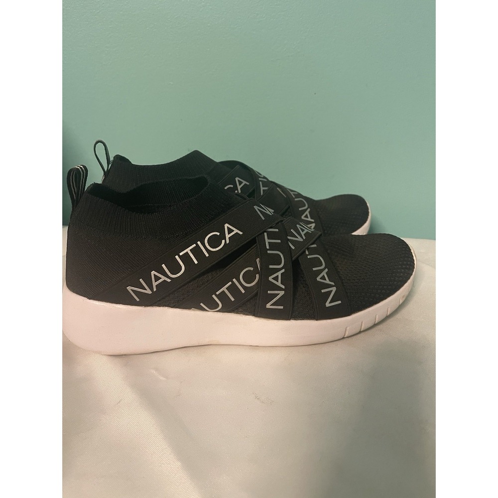 Nautica Crisscross Logo Straps Slip‎ On Sneakers, Women's 9, "Patrika", Black